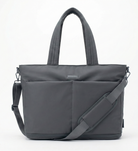 Gray tote bag with shoulder strap on a white background